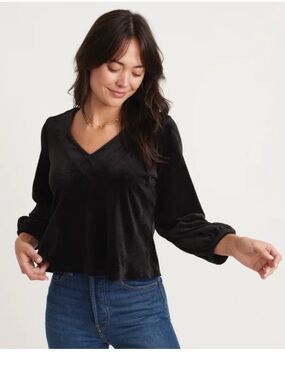 Marine Layer Jasmine Black Velour V-Neck Top Womens Size Small Balloon Sleeve